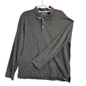 Eddie Bauer Mens L Gray Long Sleeve Polo Shirt 100% Cotton casual Dad office